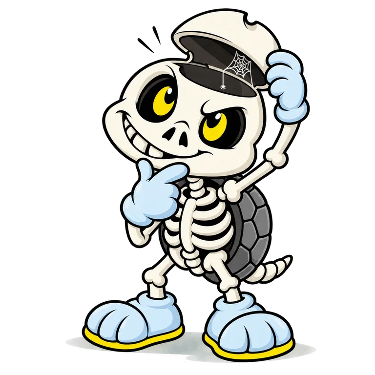 BONES lifting the top of his skull like a lid and peering inside at a single tiny cobweb, cheerful baffled expression, a blue glove holding the lid.
