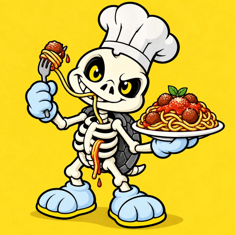 BONES in a tall chef hat proudly serving a huge plate of spaghetti, a noodle going in his mouth and falling straight out of his empty rib cage, holding a fork.