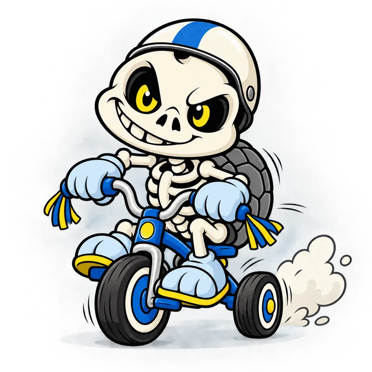 BONES wearing a tiny motorcycle helmet riding a child's very small blue tricycle with tassels, fierce confident eyes, gray shell on his back, motion dust puff.