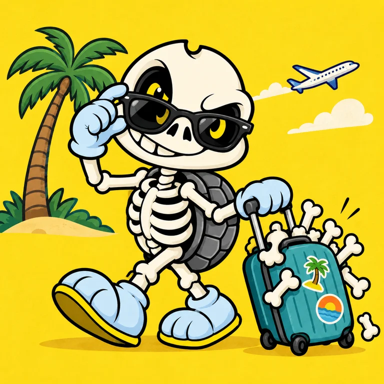 BONES wearing sunglasses and dragging a vacation suitcase overflowing with loose bones, cheerful tourist pose, little palm tree and a plane far behind.