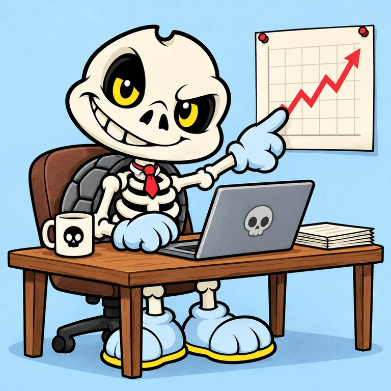 BONES wearing an absurdly small necktie at a desk with laptop, one pale blue glove pointing at a meaningless upward zigzag chart pinned behind him, utterly deadpan eyes.