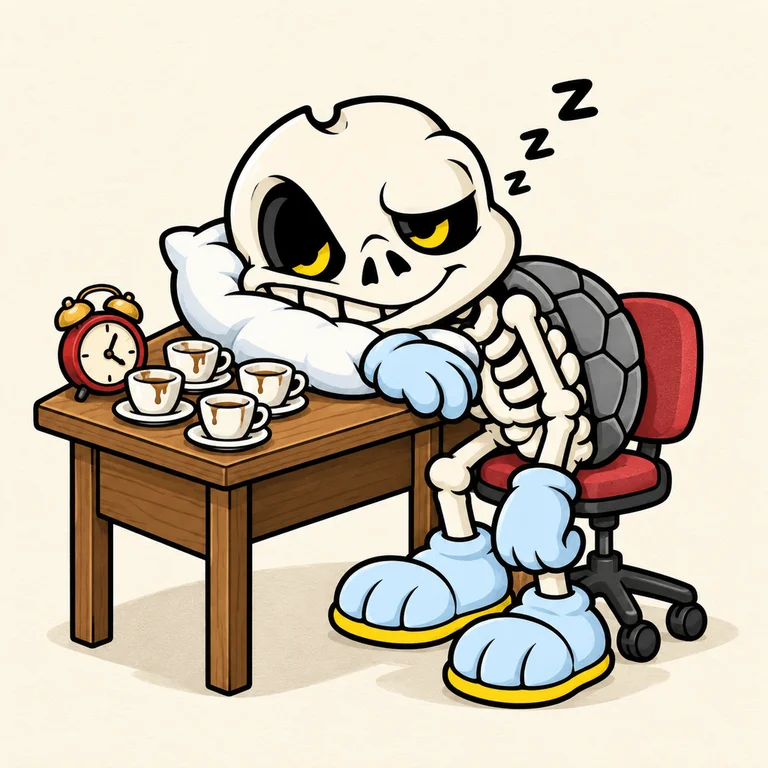 BONES asleep upright on a tiny office chair, his huge skull resting on a pillow on the desk, four empty espresso cups and a tiny alarm clock. Eyes half closed, funny exhausted slouch.
