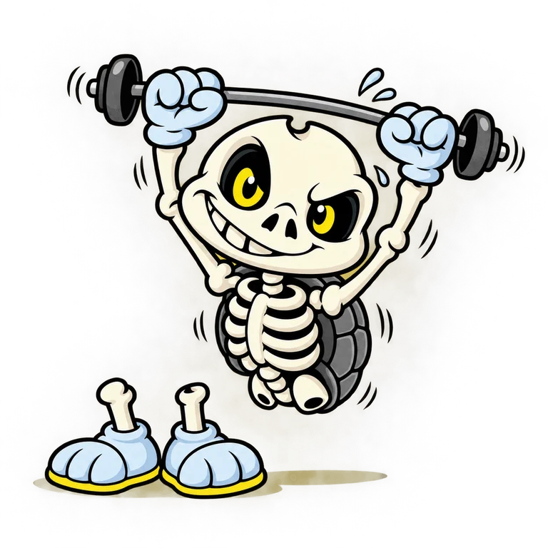 BONES proudly lifting a barbell with two comically tiny weights, his detached legs left standing beside him while his torso strains, playful gym scene.