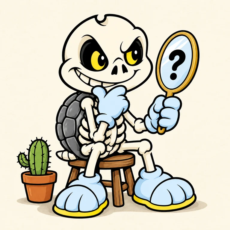 BONES sitting like a philosopher on a low stool staring thoughtfully into a hand mirror, mirror reflects only a simple question mark, tiny potted cactus beside him.