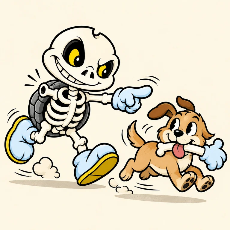 BONES chasing a delighted small tan dog holding his detached forearm bone, his other blue-gloved hand pointing sternly at the dog, little motion lines.