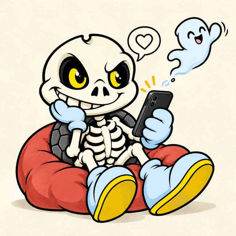 BONES slumped on a cushion staring at a smartphone, a tiny friendly ghost floating away from the phone waving goodbye, one empty heart speech bubble without text.