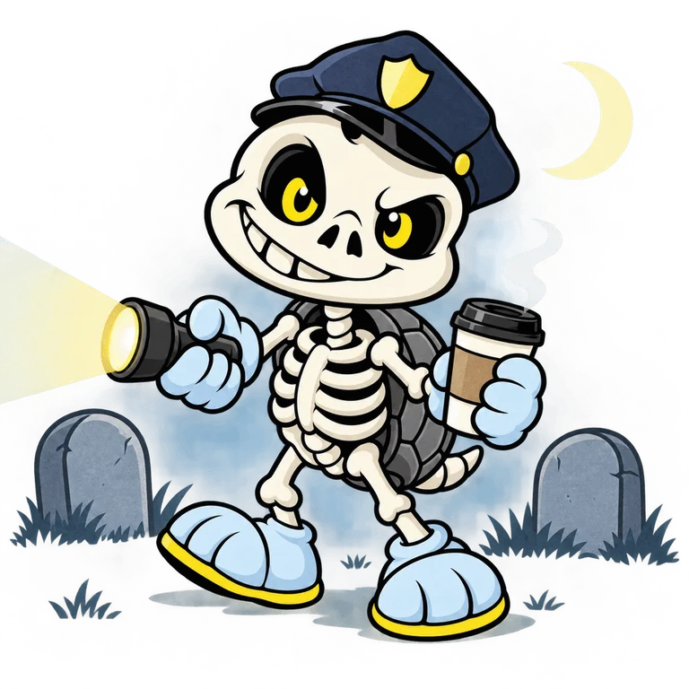 BONES in a night security cap holding a flashlight and a takeaway coffee beside a small crescent moon, sleepily patrolling two rounded gravestones without writing.