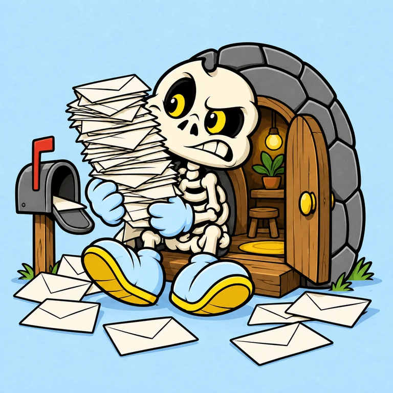BONES using his own gray shell as a cozy tiny house, sitting in the doorway holding a huge stack of blank envelopes and looking incredulous.
