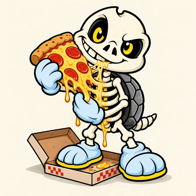 BONES blissfully hugging an oversized slice of cheesy pizza, molten cheese stretching down through his empty ribcage, gray shell behind, small pizza box below.