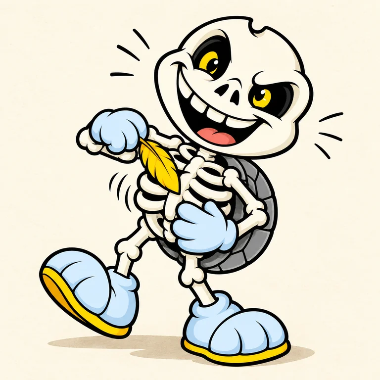 BONES laughing while tickling his own ribs with a bright feather, leaning back, smiling wide, a couple of ribs wobbling with cartoon movement.