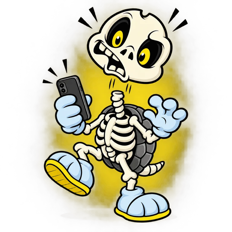 BONES startled by his phone, his skull springing a short distance above his neck vertebrae, gray turtle shell clearly visible, comedic shock lines.