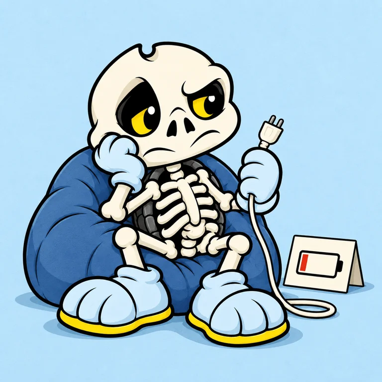 BONES slumped alone on a beanbag, holding an unplugged charging cord near his rib cage, empty battery icon on a small card nearby with no lettering.