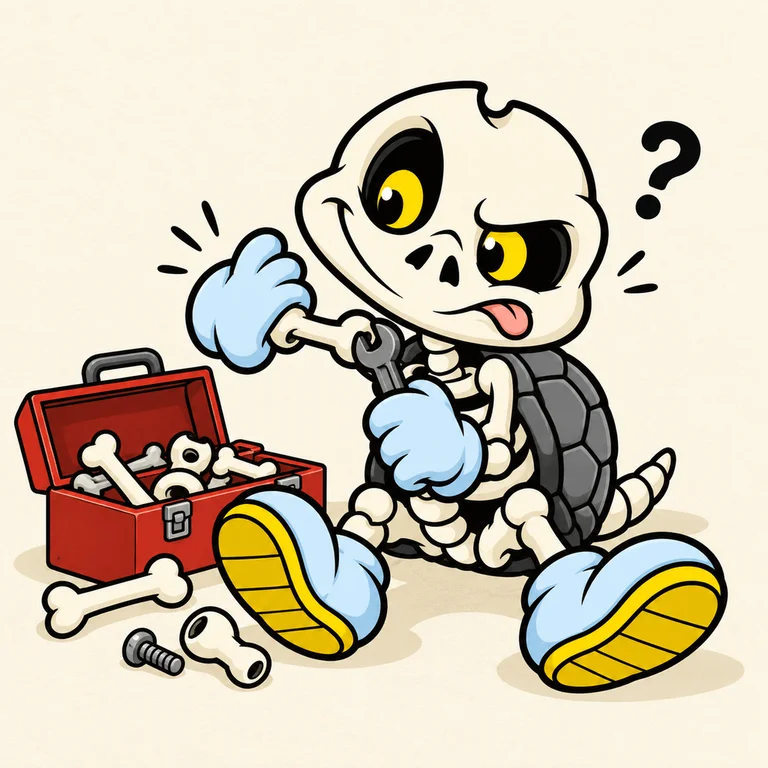 BONES sitting beside an open toolbox full of spare bones, trying to attach his left blue-gloved hand to the wrong side with a small wrench, funny confused face.