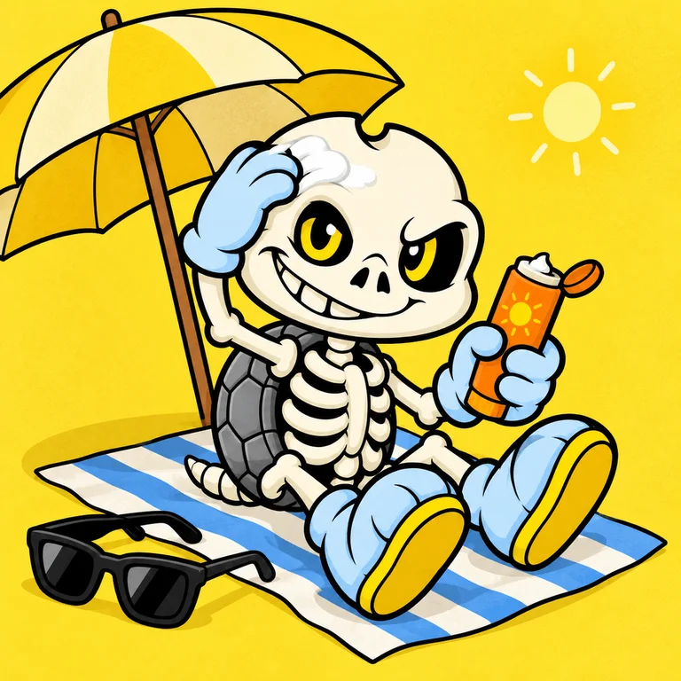 BONES sunbathing on a small striped beach towel under a yellow parasol, blue gloves smearing sunscreen on his ivory skull, sunglasses and tiny sun.