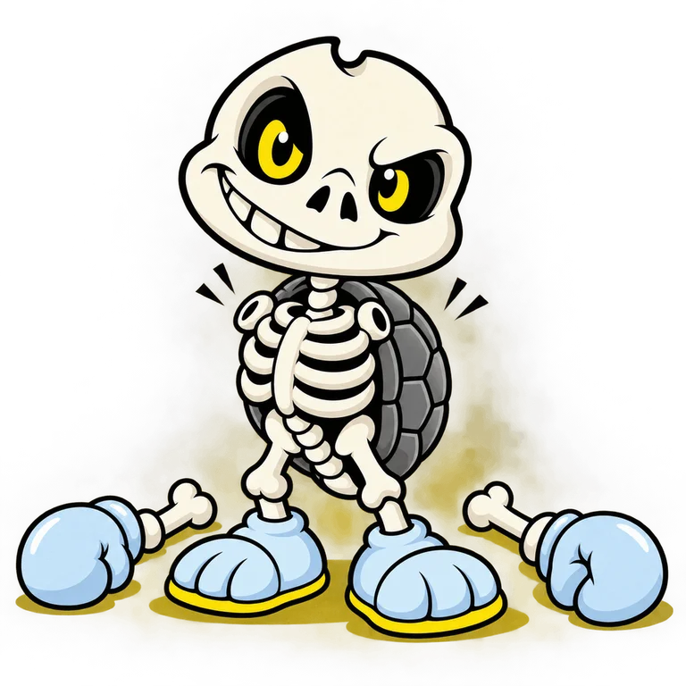 BONES wearing boxing gloves with BOTH detached arms propped on the floor beside him, standing confidently with chest puffed out and mischievous grin.