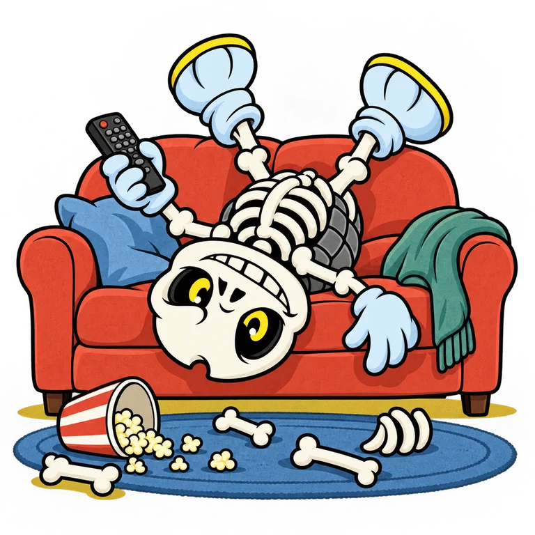 BONES sprawled upside down on a sofa, loose bones on a rug, one blue-gloved hand holding a television remote, peaceful lopsided grin, cozy absurd scene.